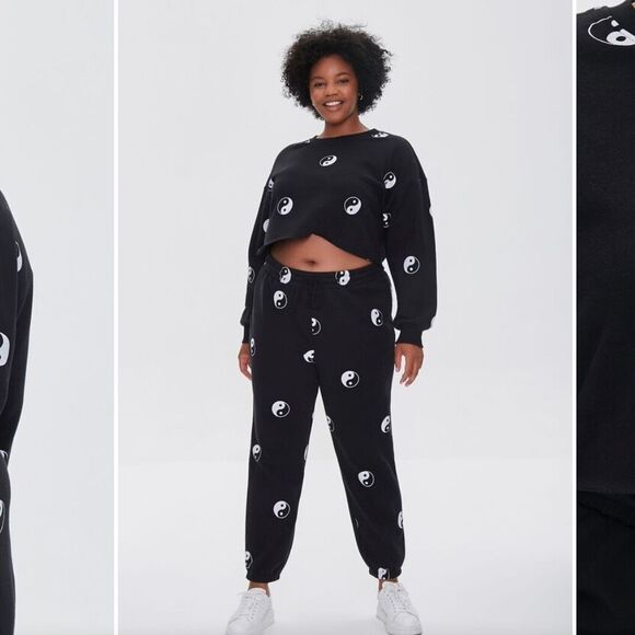 Forever 21 (0X/12/L) Black Yin-Yang Cropped Crewneck Sweatshirt Crop Top - Picture 5 of 11